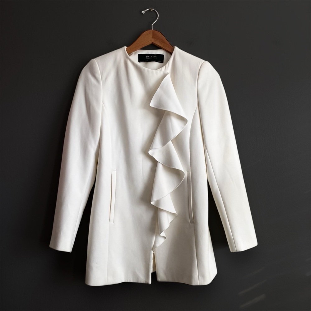 ZARA Off White Ruffle Collarless Blazer Coat Old Money Jacket Holidays Modern XS - Picture 5 of 12